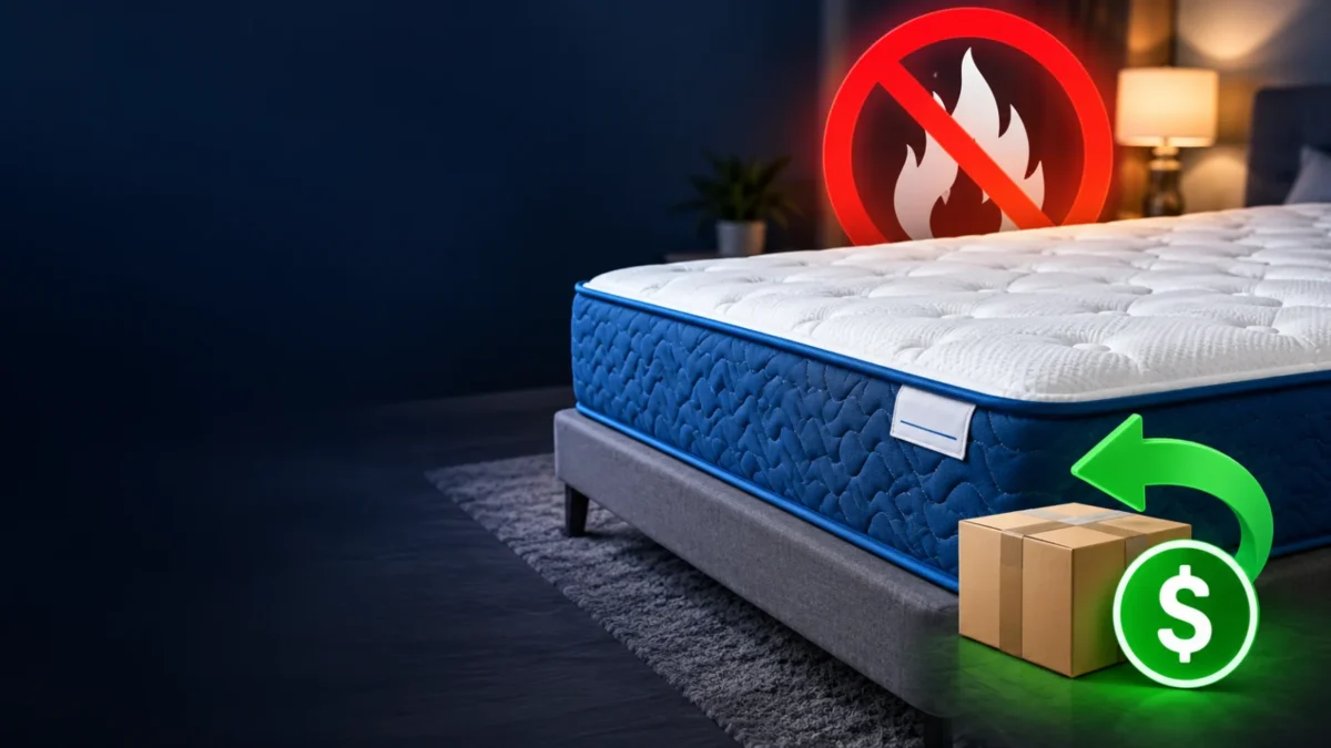 Text-free consumer-safety illustration of a blue-and-white mattress with a flammability hazard and recall concept