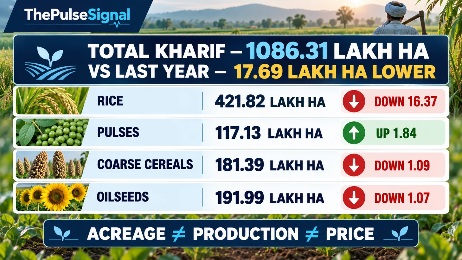 Infographic showing 2026 kharif crop acreage differences for rice, pulses and other major crops