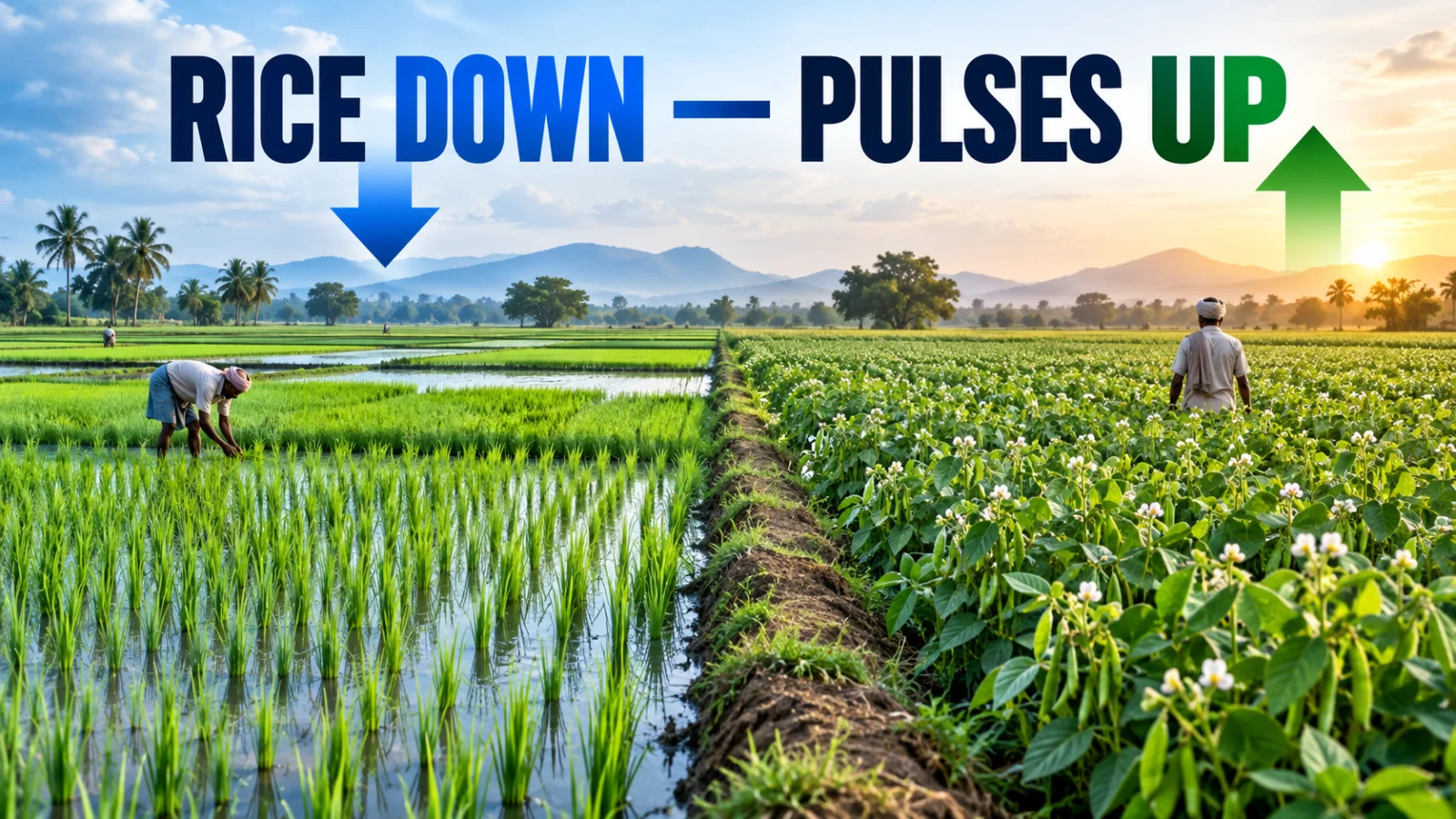 Editorial agriculture image contrasting rice acreage decline with higher pulse sowing in kharif 2026