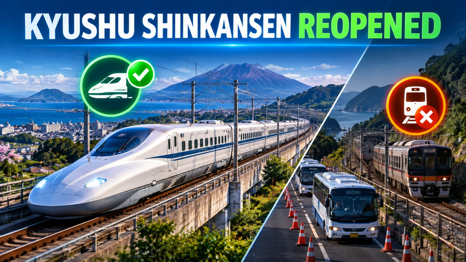 Kyushu earthquake travel status showing reopened Shinkansen service and continuing Uto–Yatsushiro rail suspension