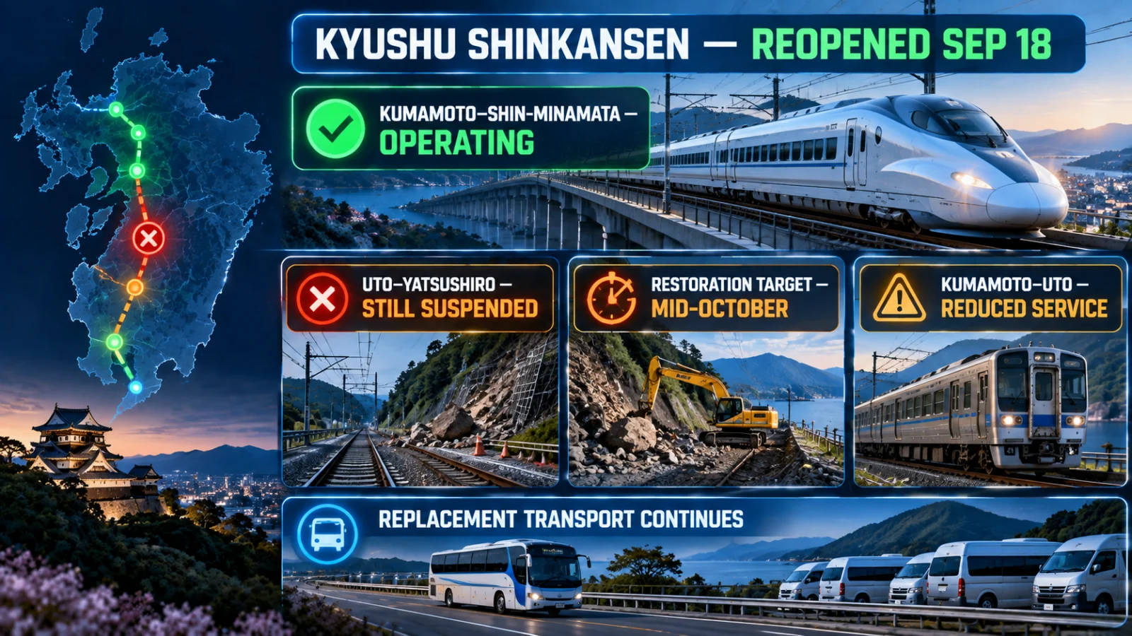 Kyushu rail status infographic showing Shinkansen reopened and Uto–Yatsushiro still suspended