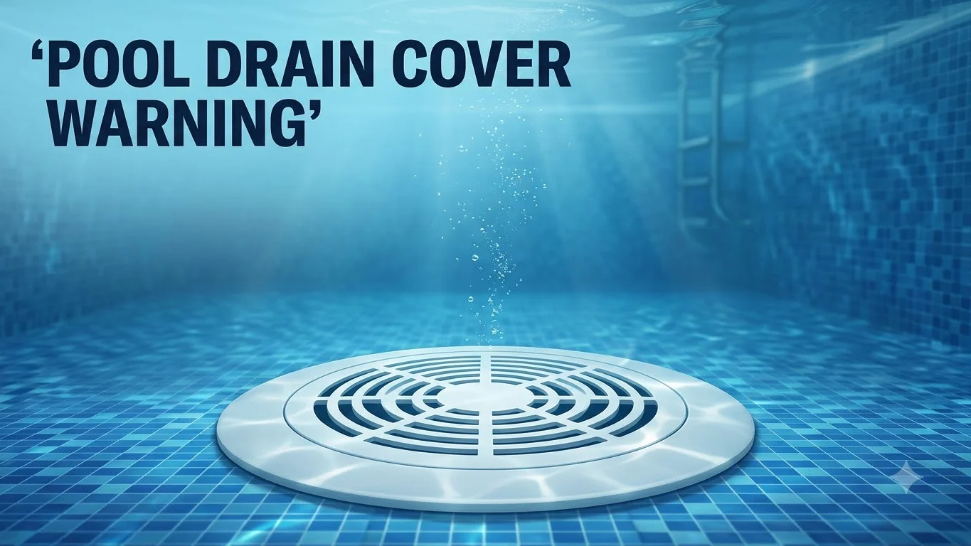 White pool drain cover highlighted beneath pool water with a safety stop-use cue