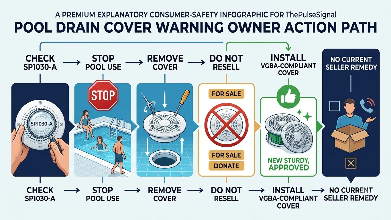 Infographic showing how to identify an SP1030-A pool drain cover and safely replace it