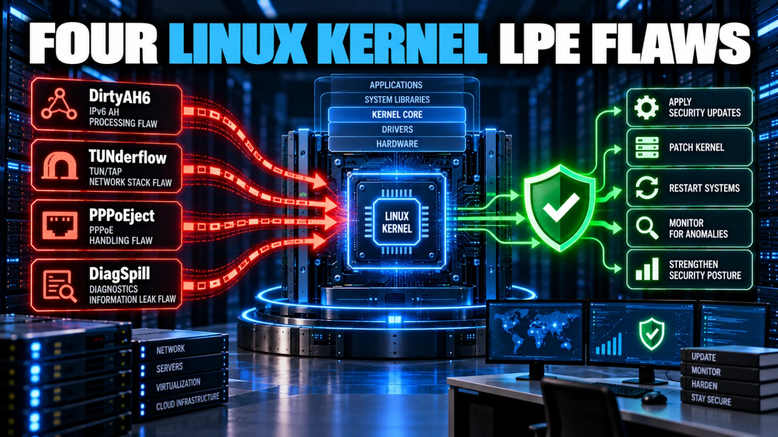 Linux kernel infrastructure illustrating four network-stack root-escalation vulnerabilities
