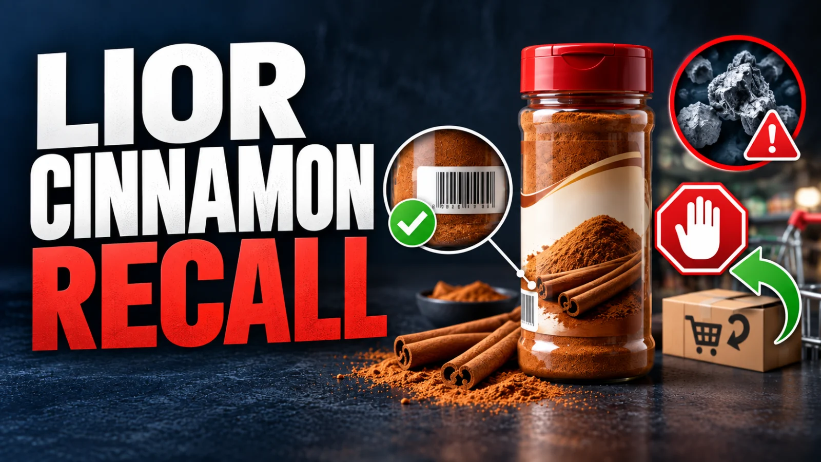 Editorial food-safety illustration of recalled ground cinnamon with product-identification and stop-use cues