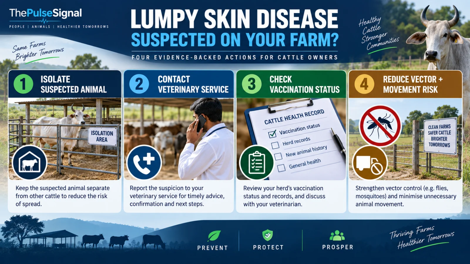 Infographic showing key cattle-owner actions for suspected Lumpy Skin Disease