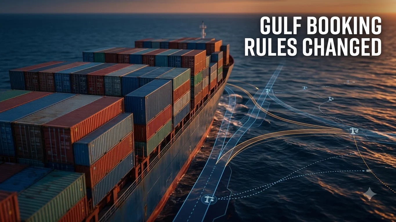 Maersk Gulf shipping decision infographic showing booking status, routing, cargo state and disruption charges