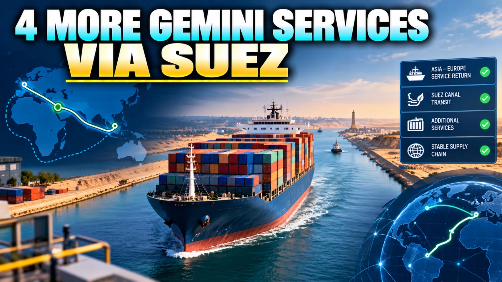 Container ship in the Suez Canal illustrating four additional Gemini services returning through the route