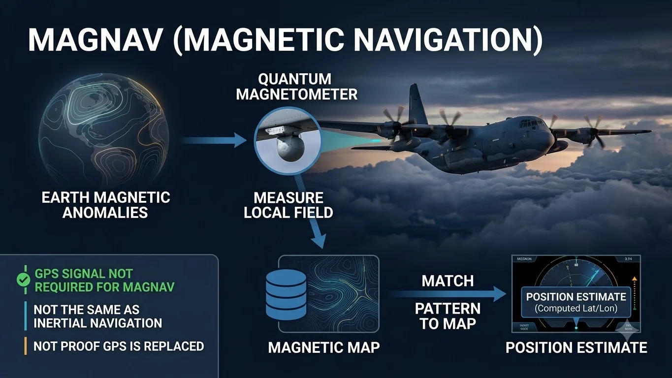 Diagram showing an aircraft measuring magnetic anomalies and matching them with a reference map to estimate position