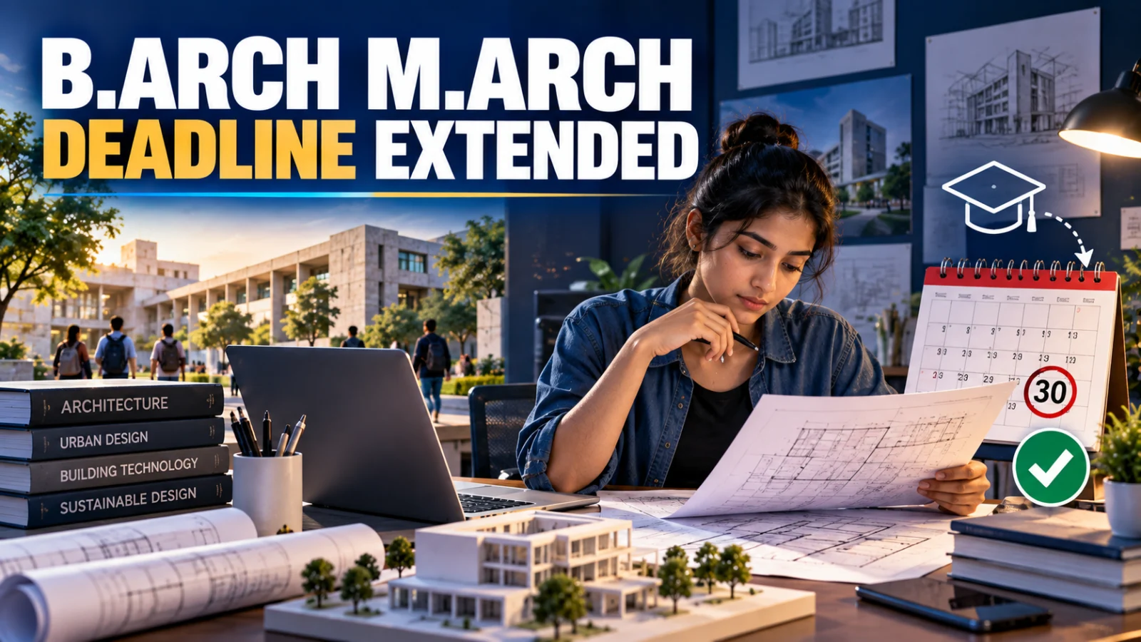 Architecture student checking Maharashtra B.Arch and M.Arch admission documents beside a revised deadline calendar