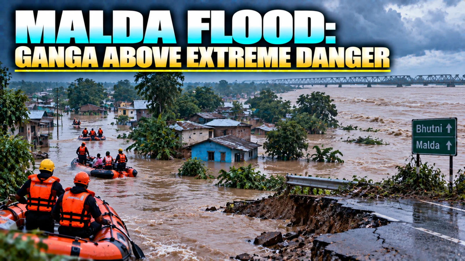 Flooded Bhutni homes and rescue boats as the Ganga remains above the extreme-danger threshold in Malda