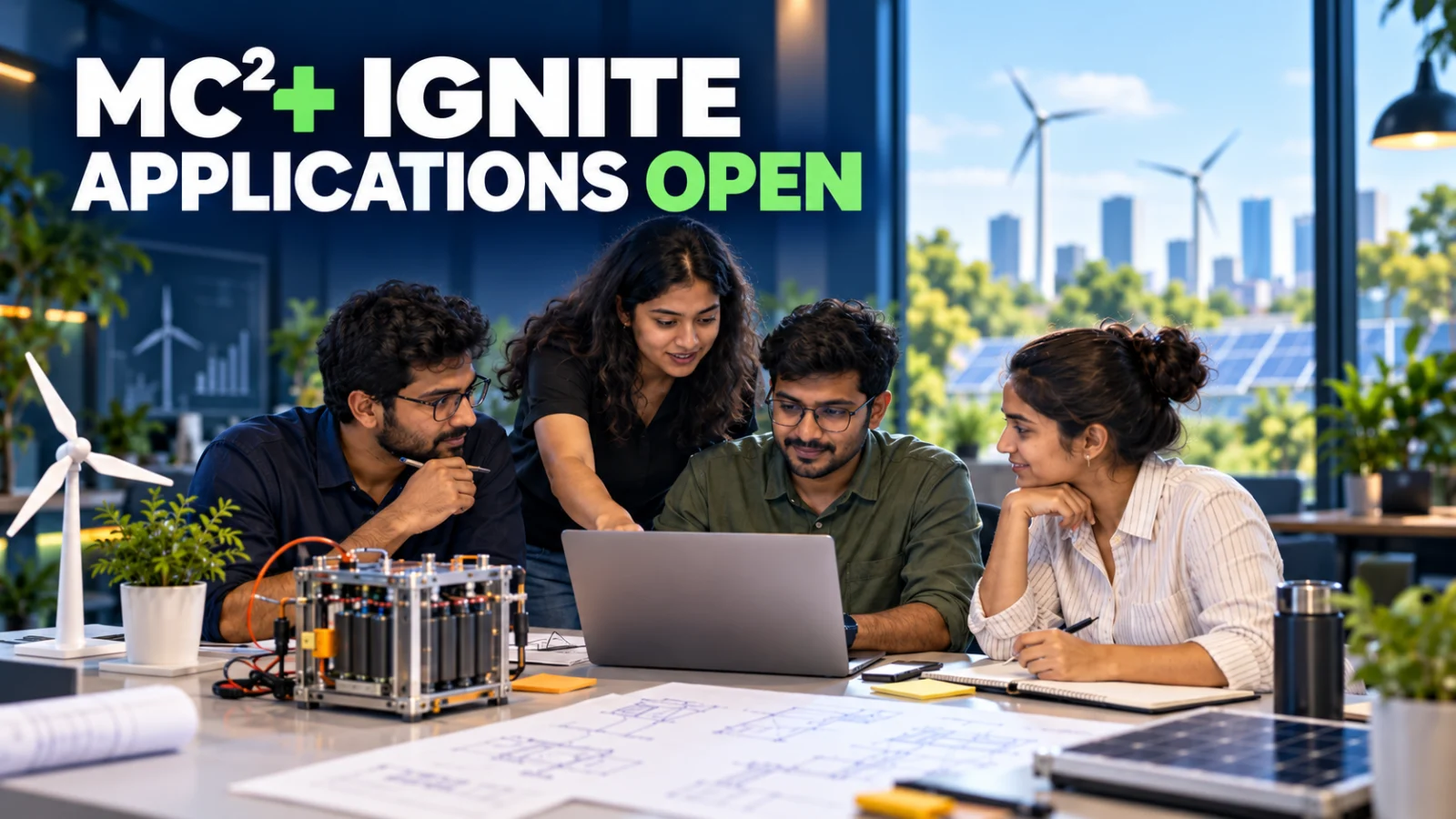 Editorial image of an energy startup team preparing an MC²+ Ignite application before the September 15 deadline