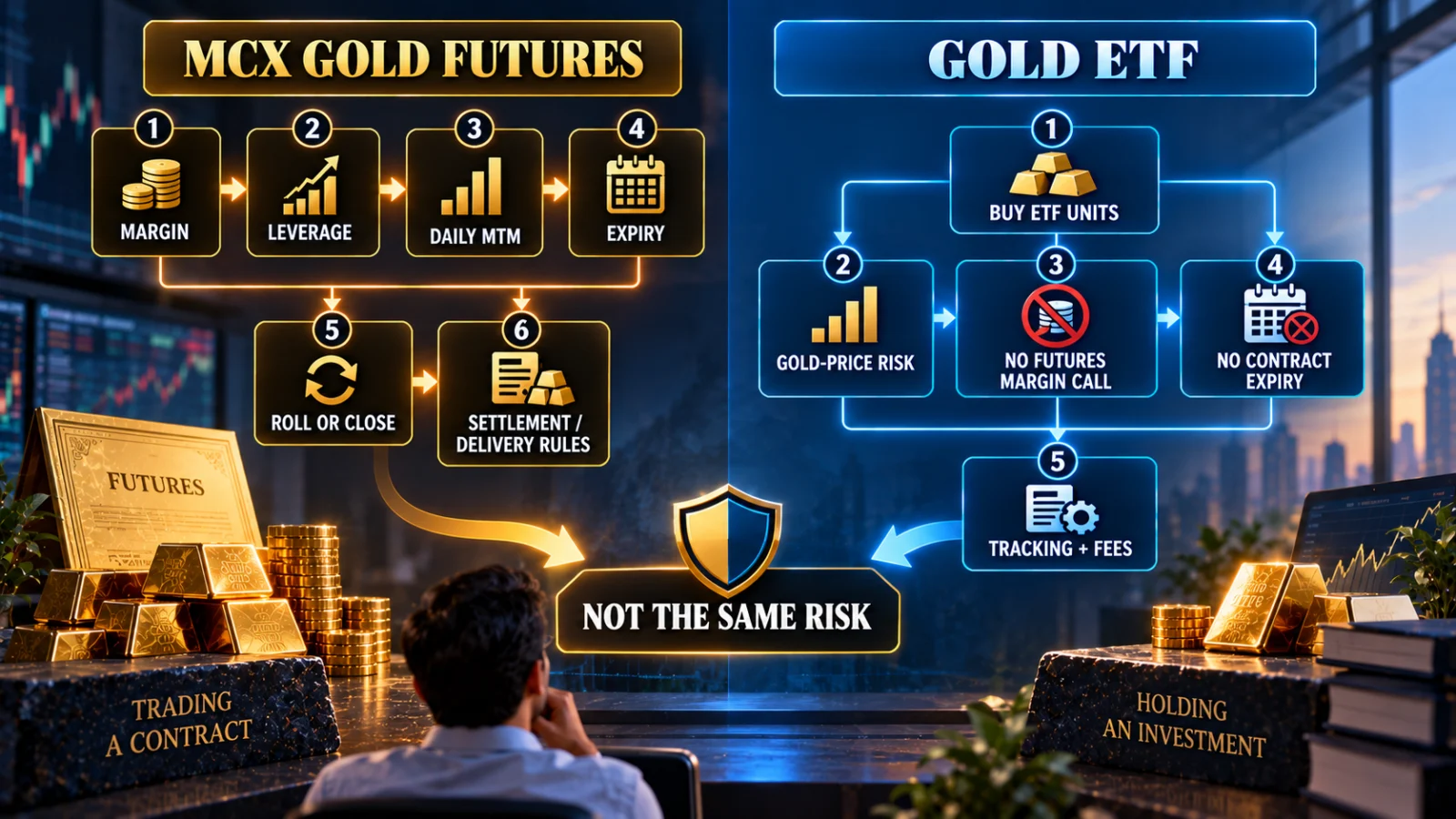 Lifecycle comparison showing margin, leverage, mark-to-market and expiry in MCX gold futures versus Gold ETF ownership