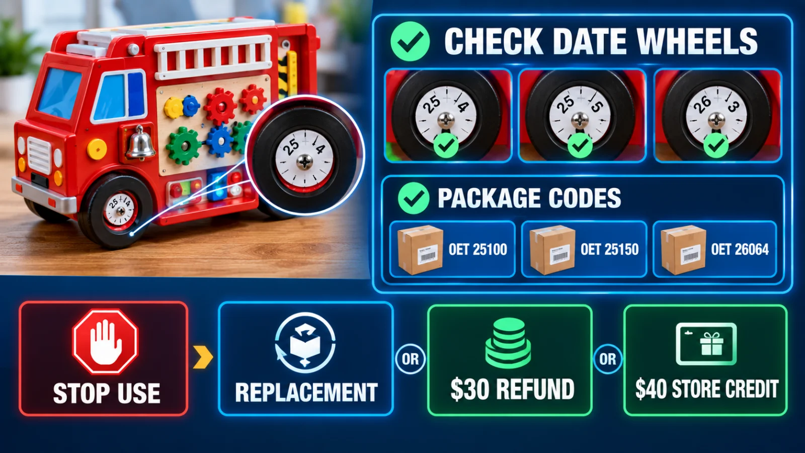 Recall infographic showing affected fire-truck activity board date-wheel combinations and OET package codes