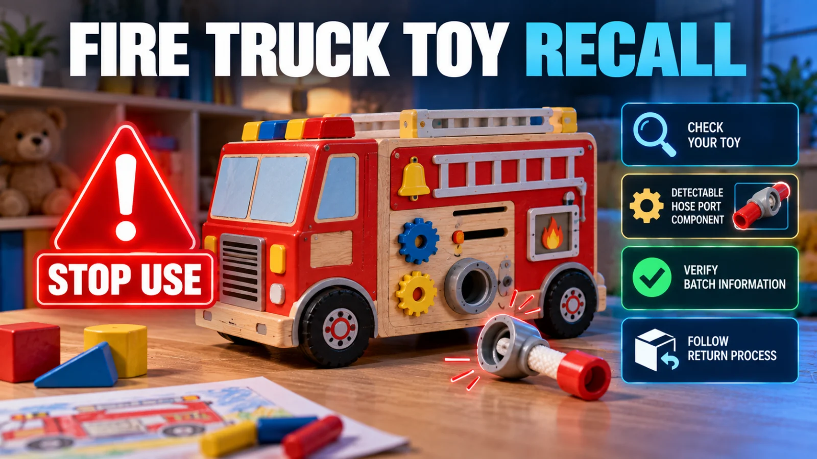 Consumer-safety illustration of a recalled fire-truck activity board with a detachable hose-port hazard