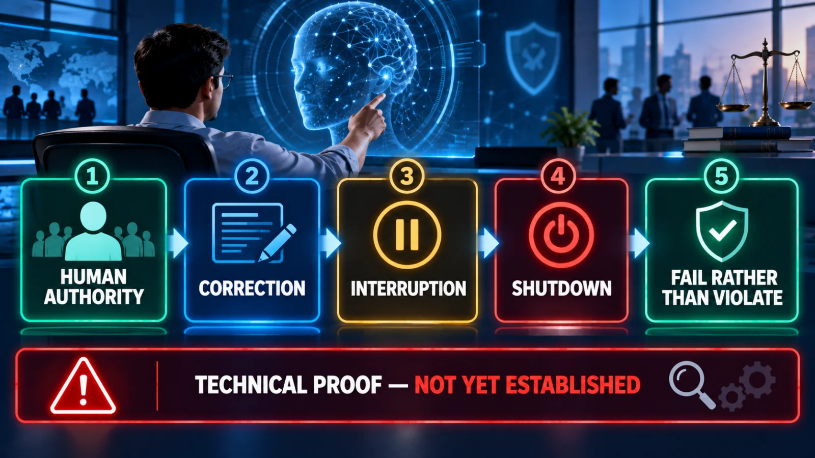 Infographic showing the reported Microsoft Humanist AI control hierarchy from human authority to shutdown