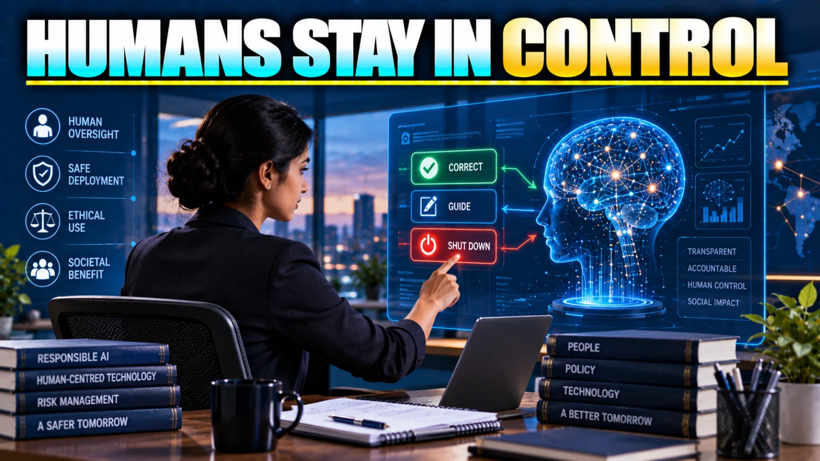 Editorial illustration of human control and shutdown authority over an advanced AI system