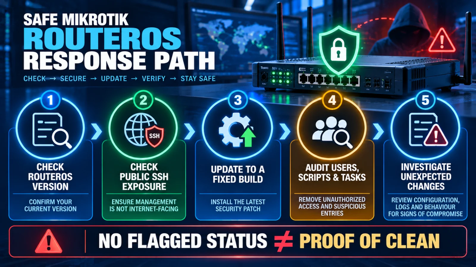 Infographic showing the safe RouterOS response path from version check to patching and compromise review