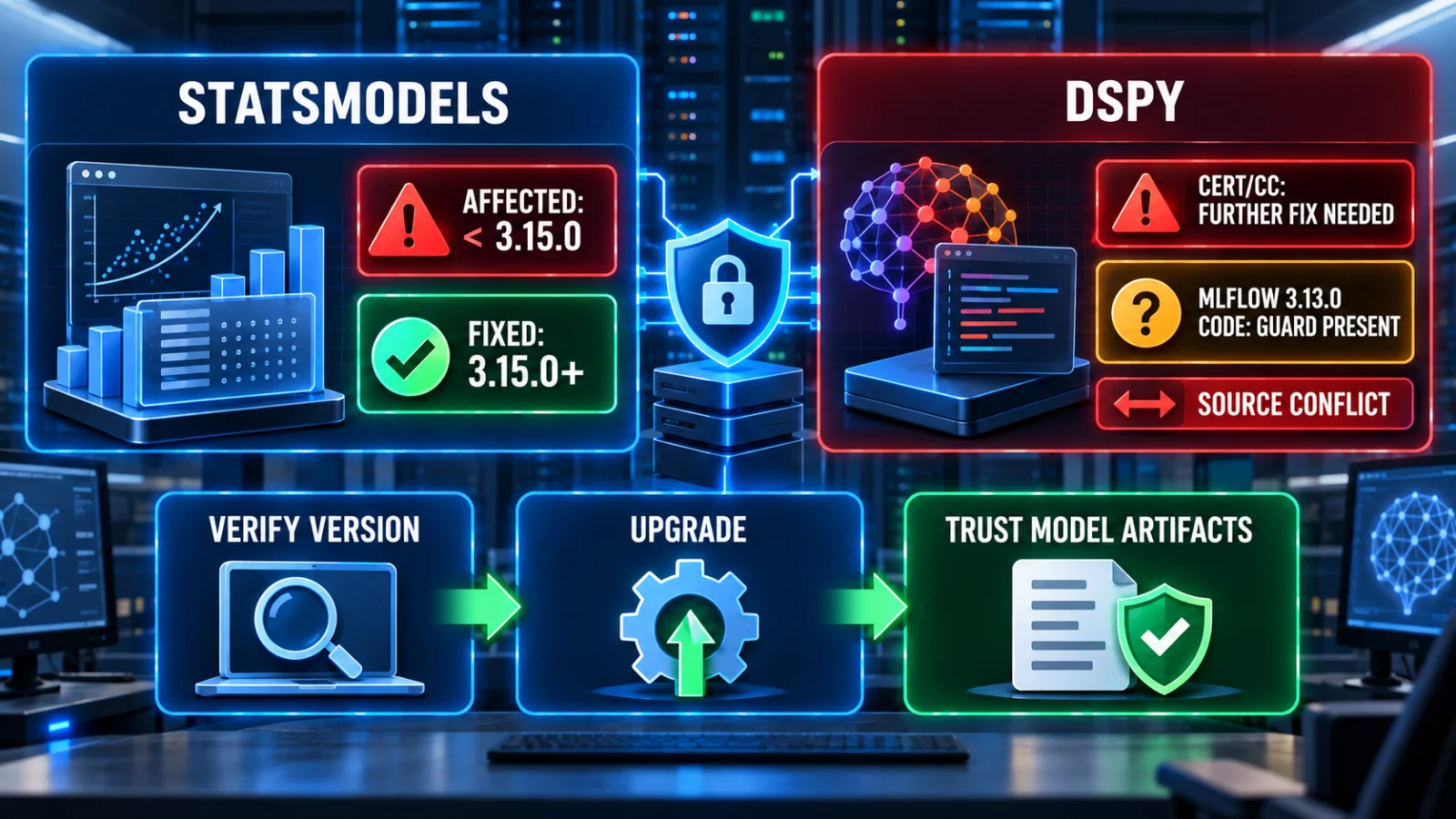Infographic comparing MLflow statsmodels and DSPy pickle safety fix status