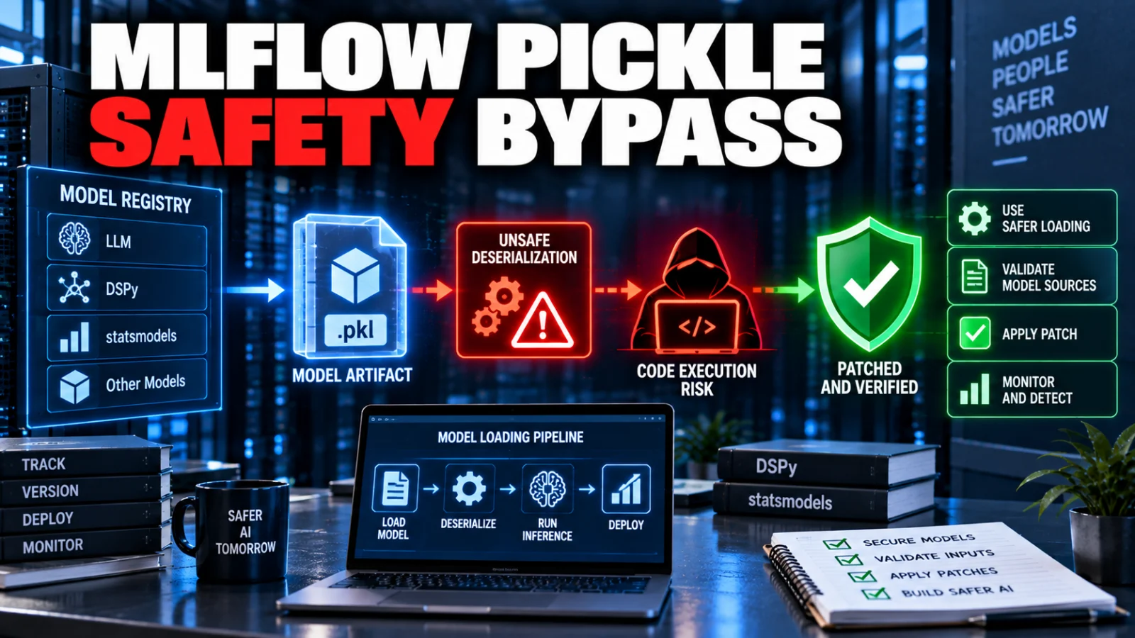 Editorial illustration of a model artifact moving through a secured MLOps pipeline for the MLflow pickle deserialization vulnerability