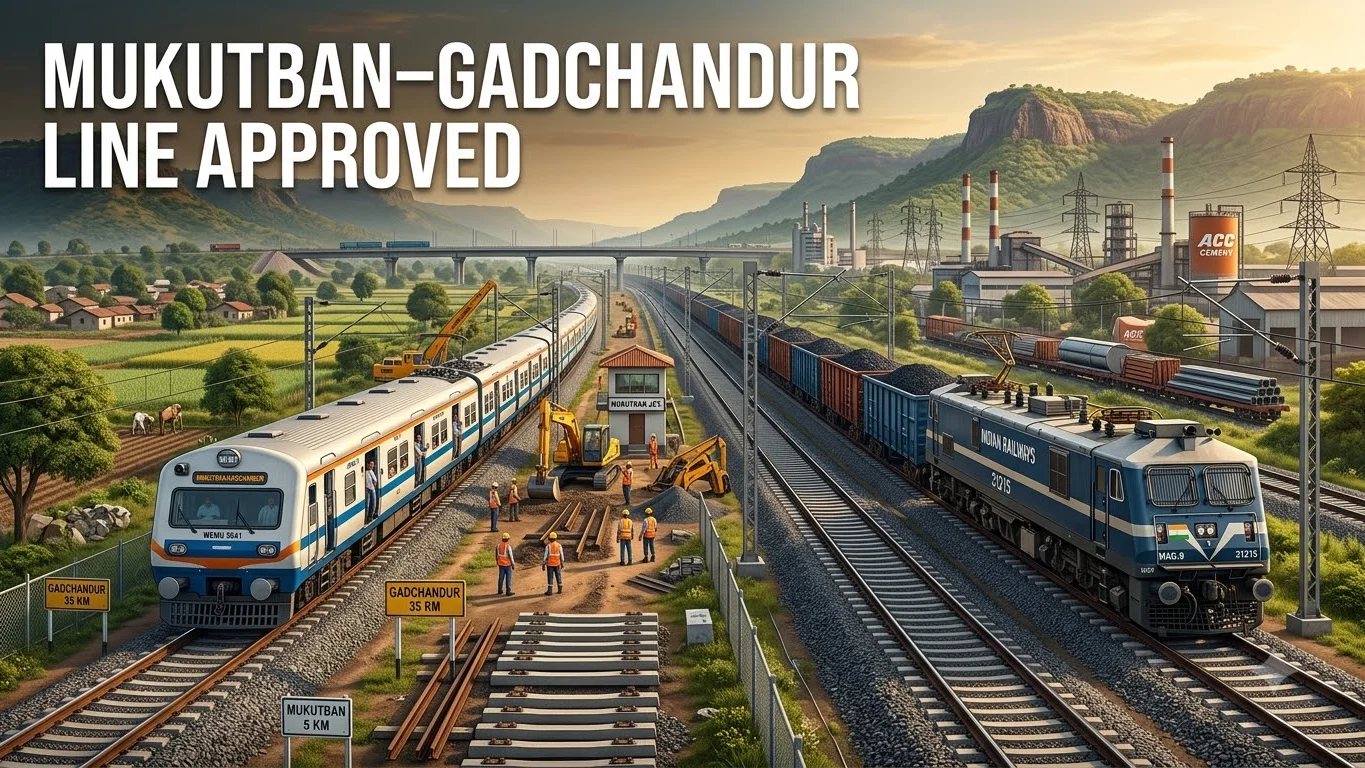 Editorial railway infrastructure illustration of a planned passenger and freight corridor in Maharashtra