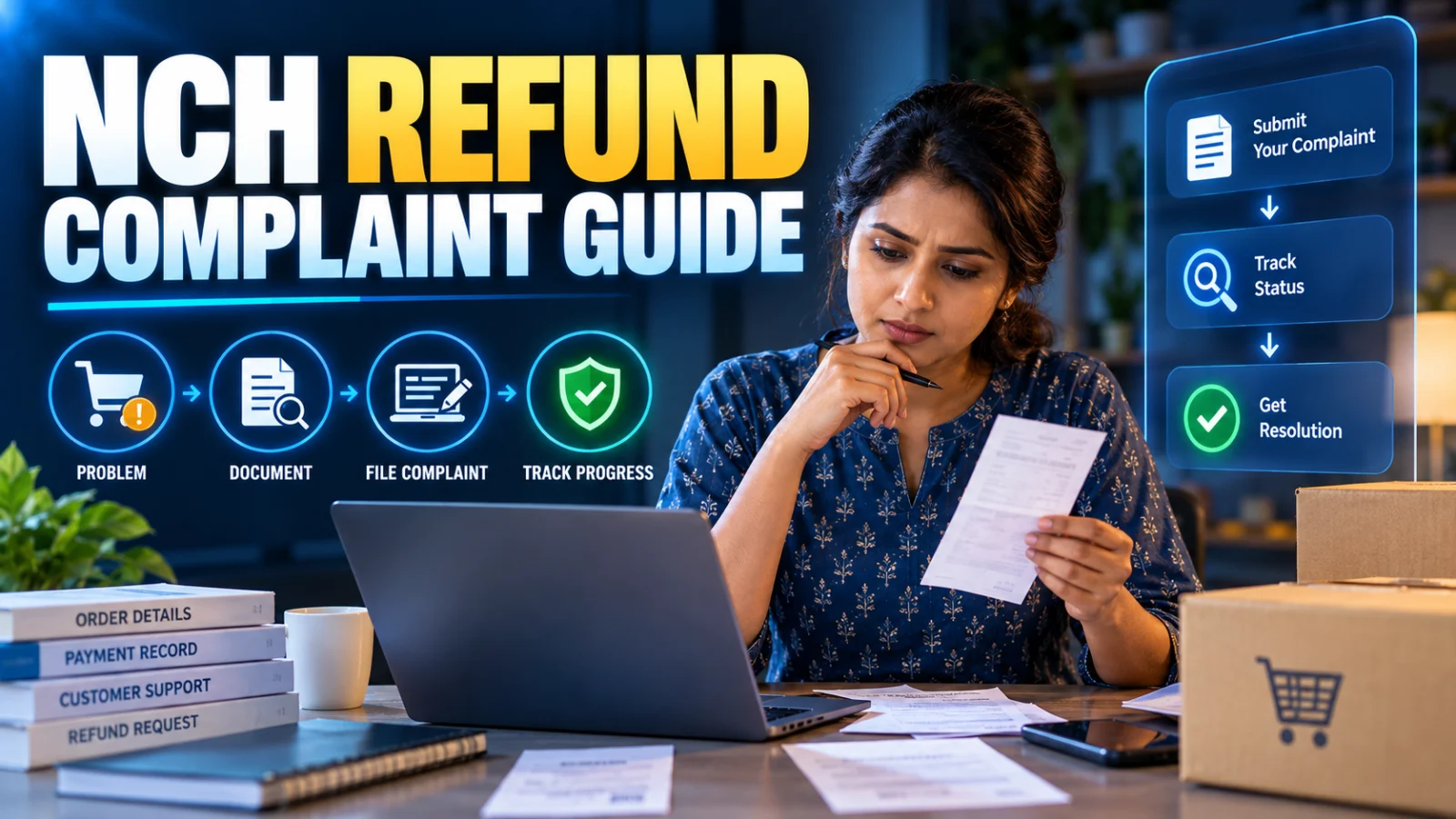 Editorial illustration of an Indian consumer organizing refund proof and submitting a grievance through a generic digital complaint process