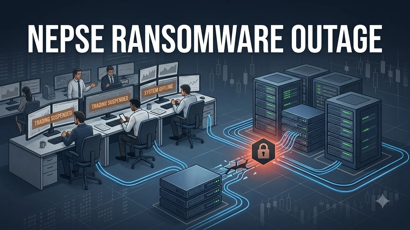 Editorial illustration of Nepal broker trading systems disrupted by a shared data-centre ransomware incident
