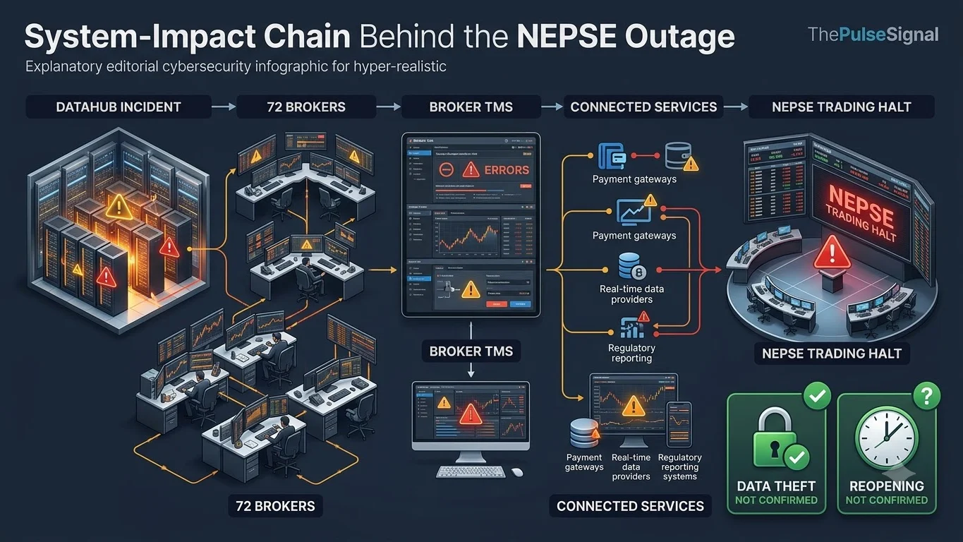NEPSE outage diagram showing DataHub disruption, broker TMS impact, connected services and exchange trading suspension