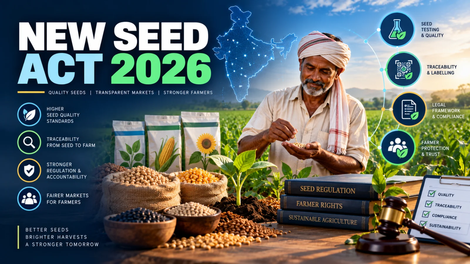 Editorial illustration of seed verification and farmer protection under India's proposed New Seed Act 2026