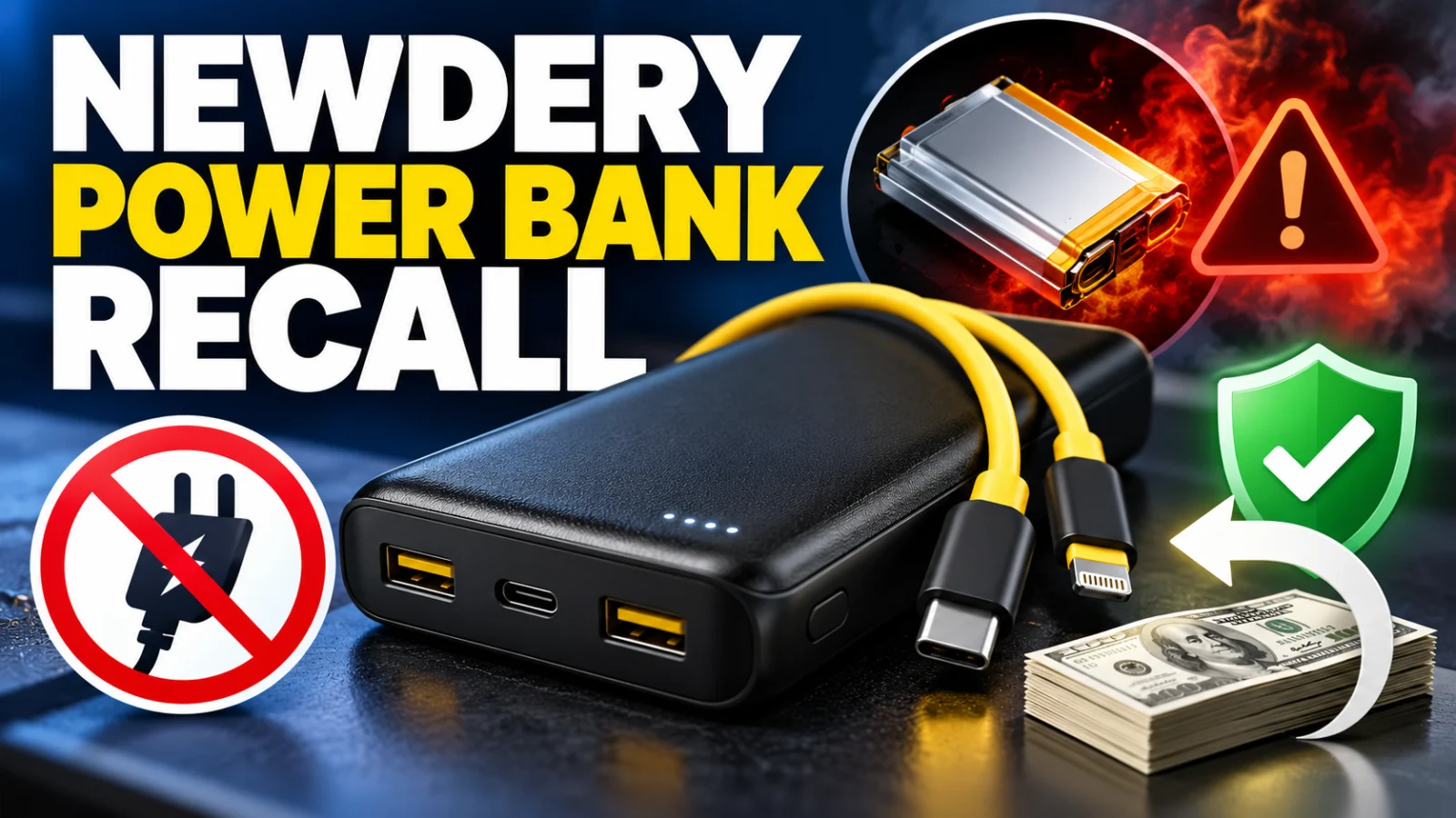 Editorial consumer-safety illustration of a recalled portable power bank with lithium-ion fire hazard and refund cues