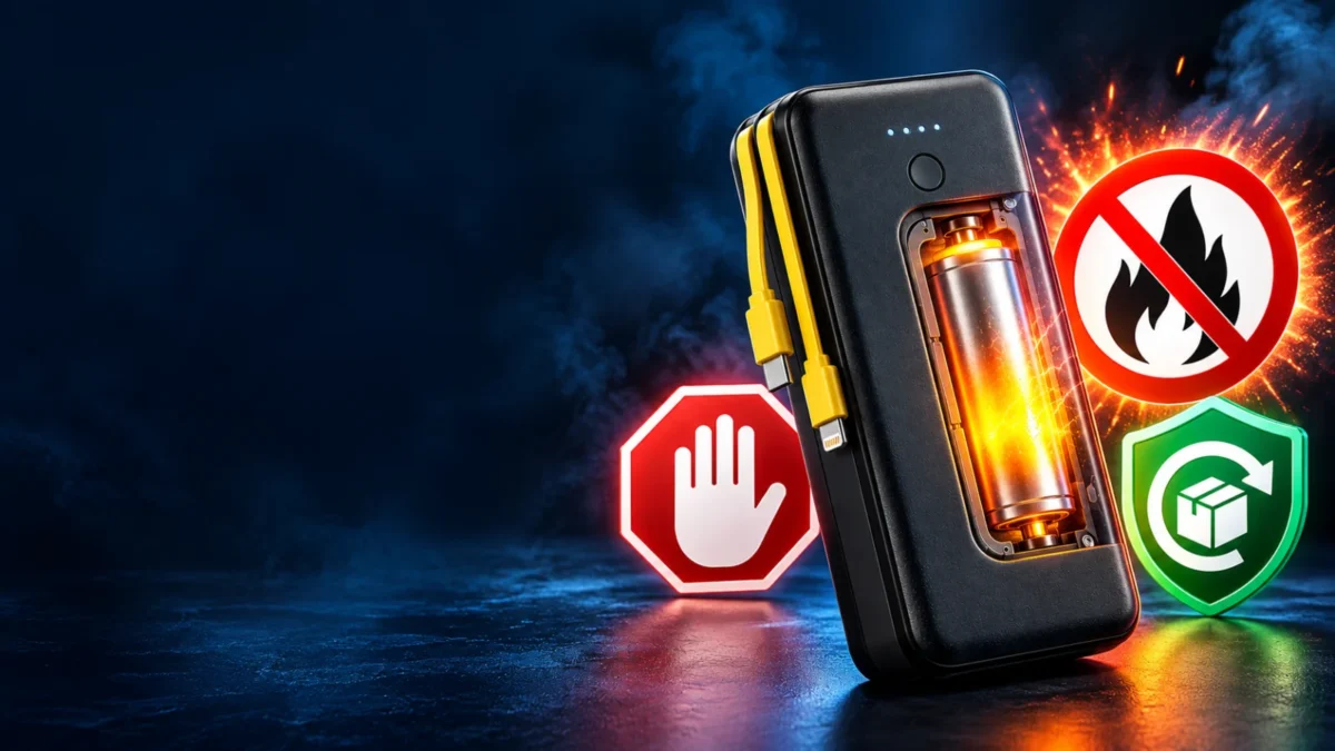 Black portable power bank with yellow cables, lithium-ion fire-risk cue and refund protection for the NEWDERY power bank recall