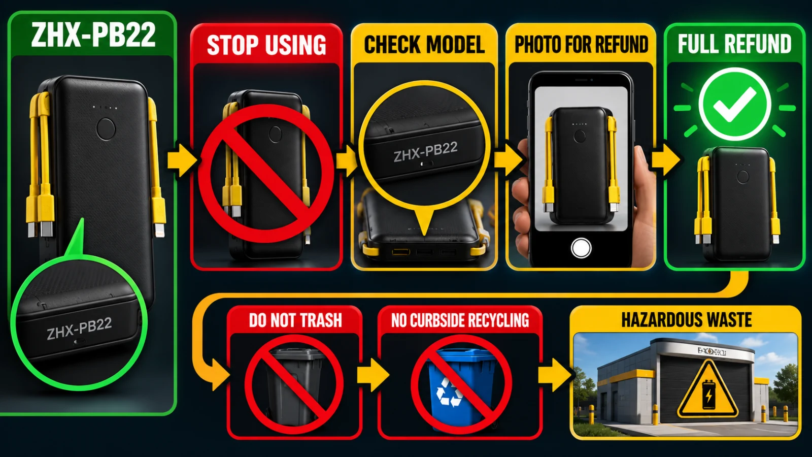 Infographic showing how owners should identify NEWDERY ZHX-PB22, stop using it, preserve refund proof and dispose of it safely