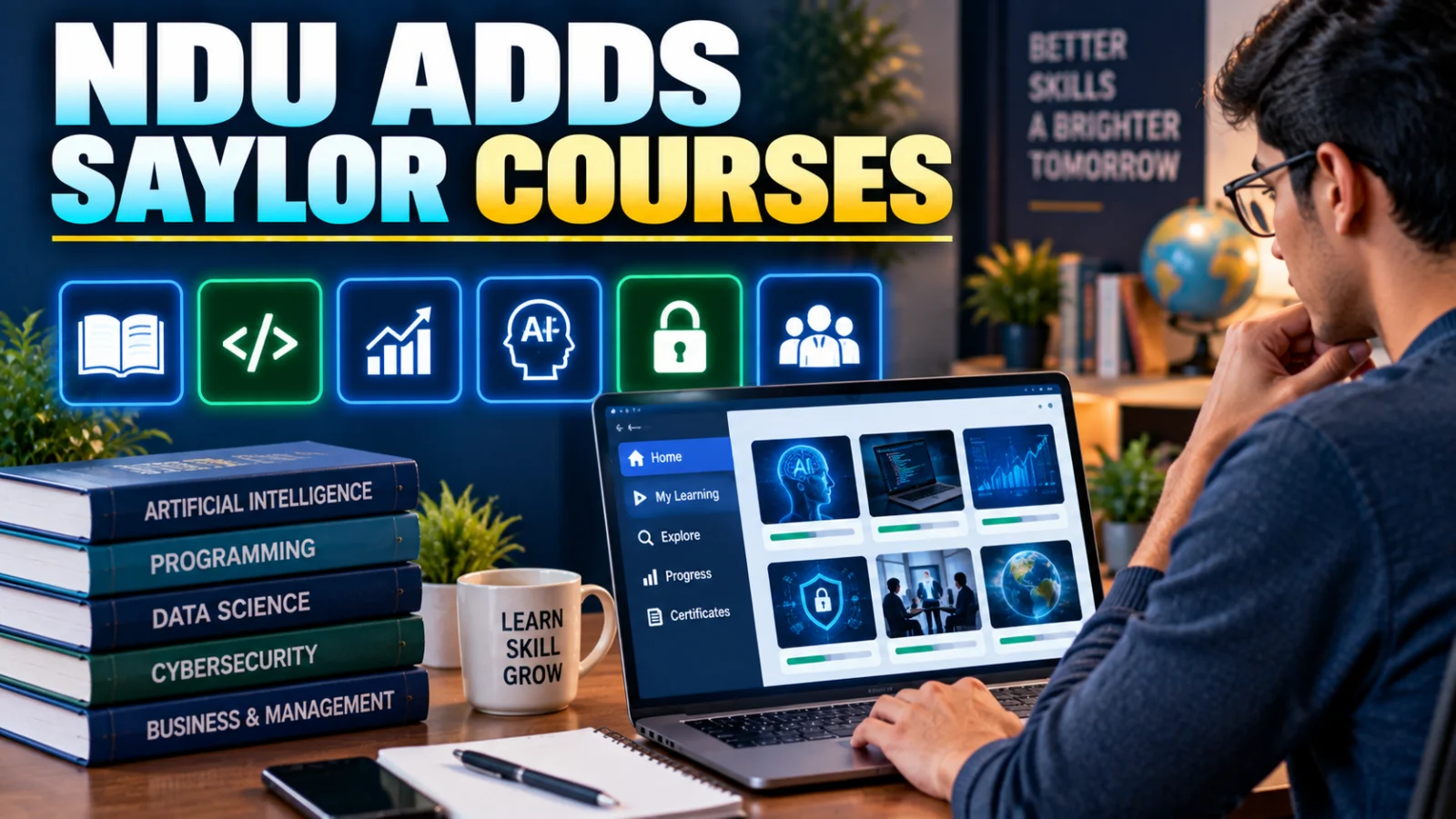 Indian learner reviewing online courses in an editorial illustration about the NIELIT and Saylor integration