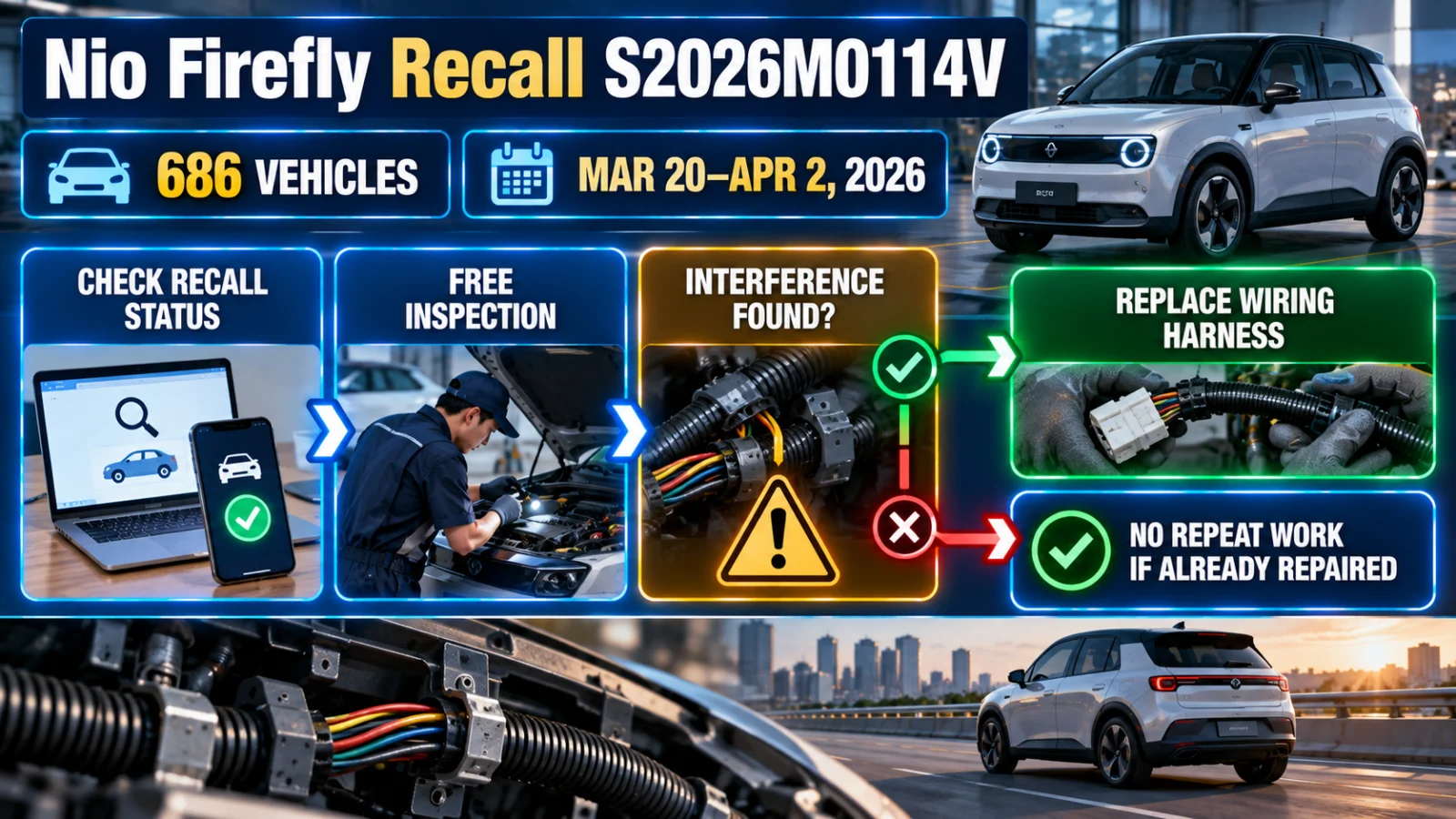 Infographic showing the Nio Firefly recall owner action path from production-date check to inspection and repair