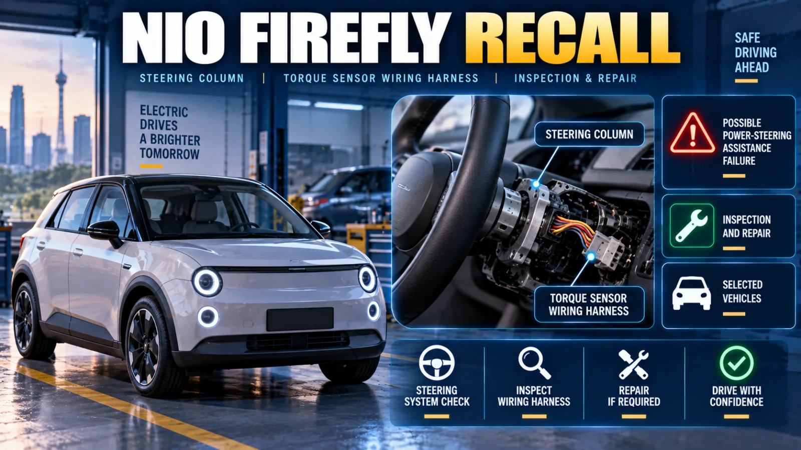 Article illustration showing a compact EV steering torque-sensor wiring harness under recall inspection