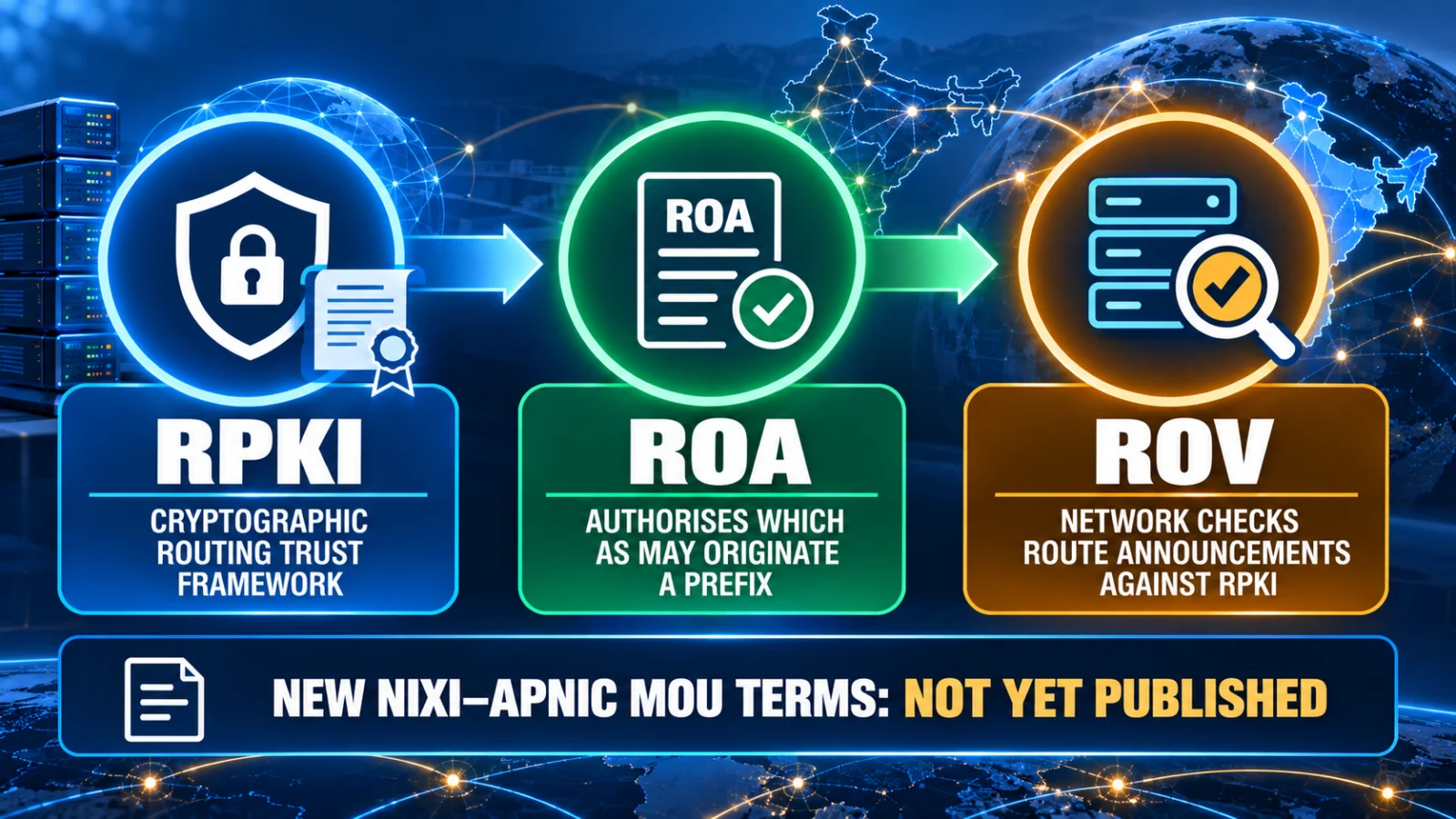 Diagram explaining the difference between RPKI Route Origin Authorization and Route Origin Validation in internet routing