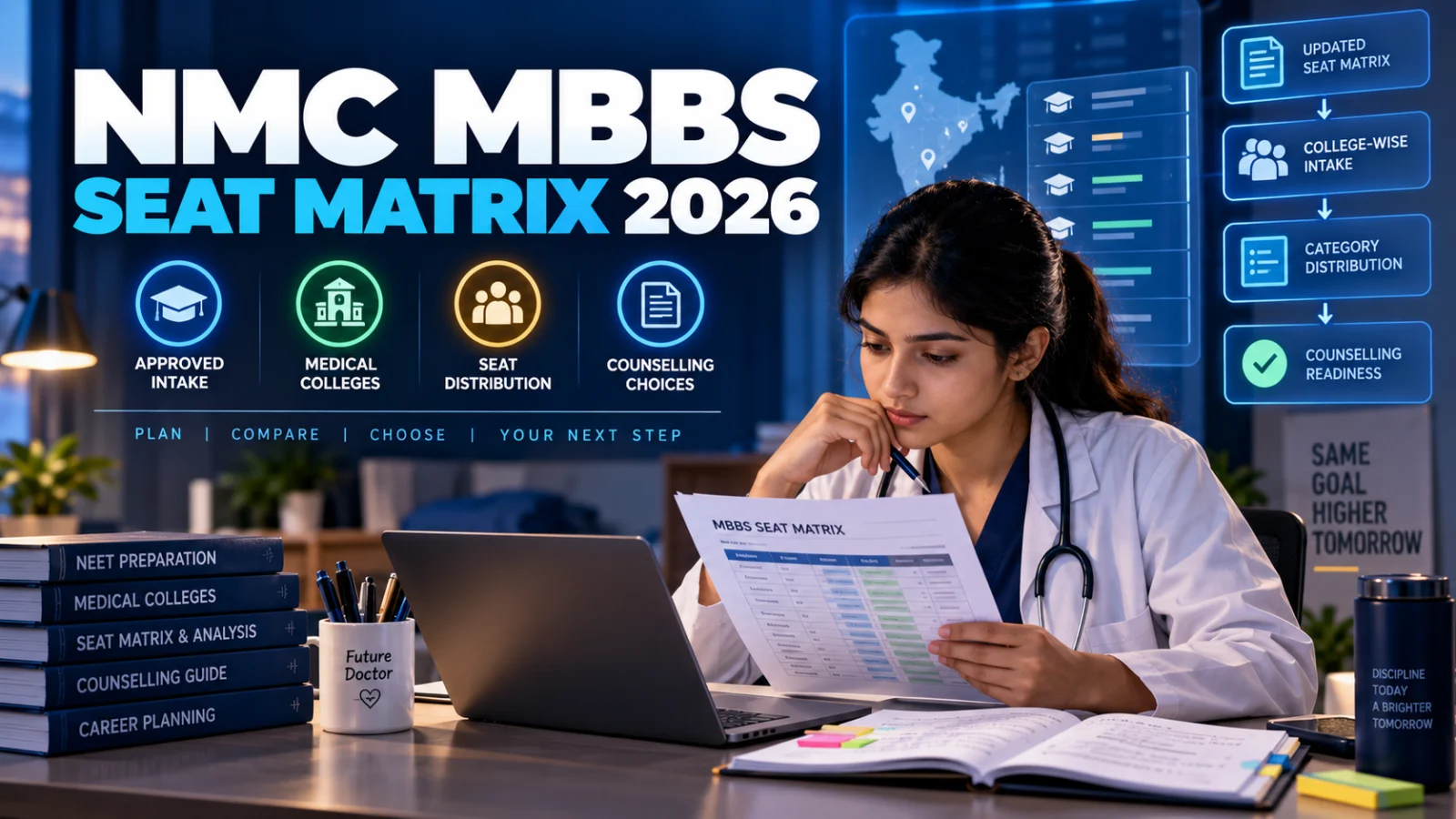 Editorial illustration of an Indian medical aspirant checking the NMC MBBS seat matrix 2026–27