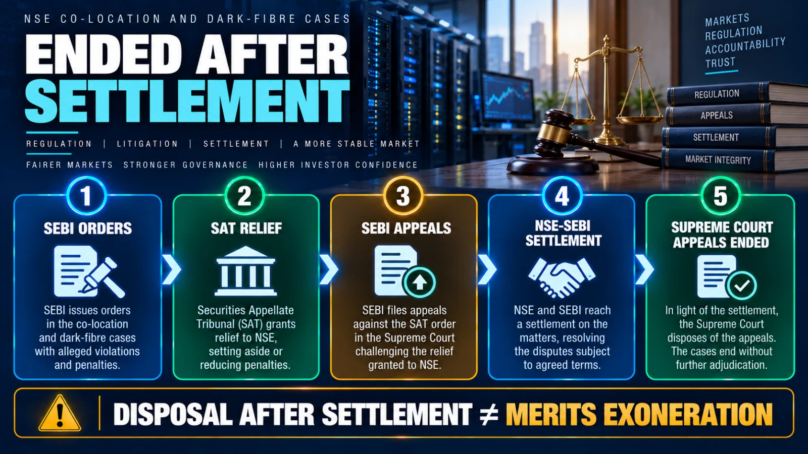 Infographic showing the legal path from SEBI orders to SAT relief, settlement and Supreme Court disposal
