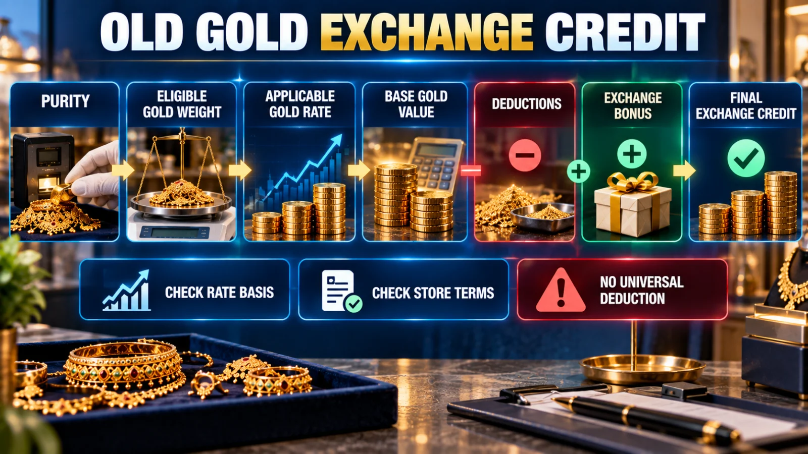 Infographic showing purity, eligible gold weight, gold rate and retailer adjustments leading to old-gold exchange credit