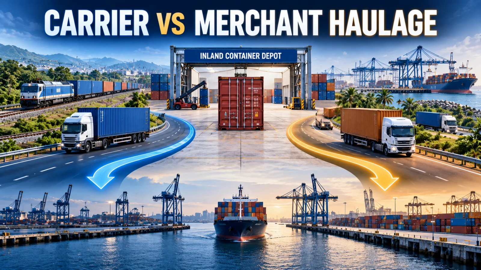 Indian ICD export container with carrier-managed and merchant-managed inland haulage paths to port