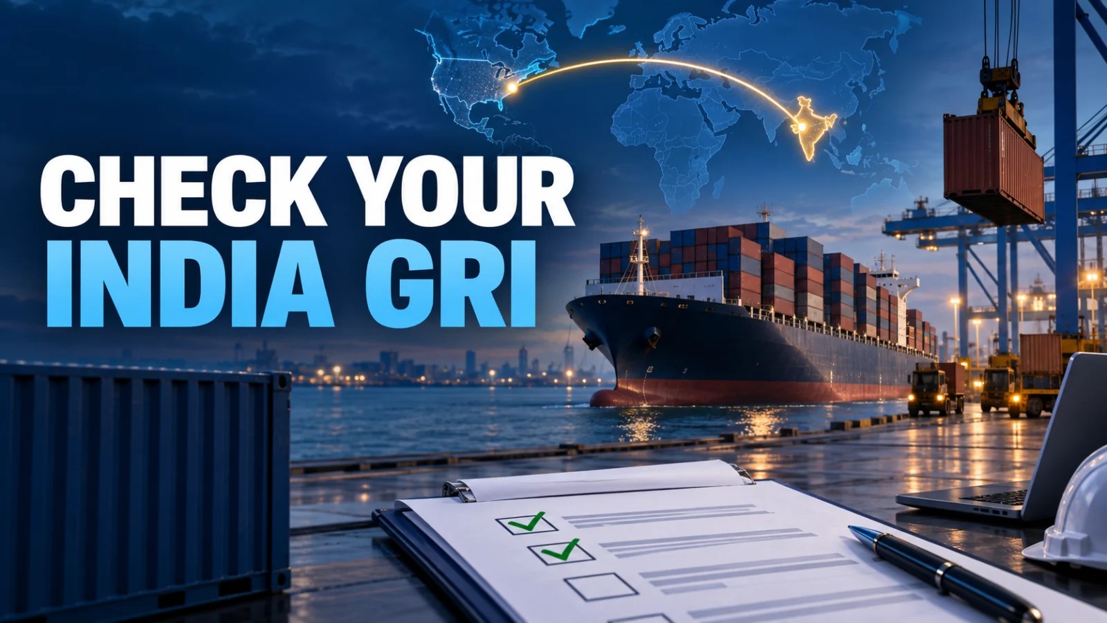 Editorial hero for ONE India GRI showing North America to India container route and freight-rate verification