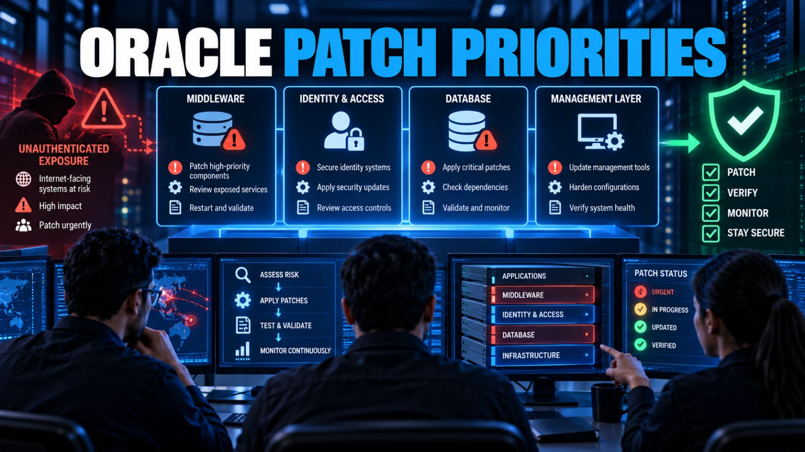 Enterprise security team prioritizing critical middleware and database patches across a generic infrastructure stack