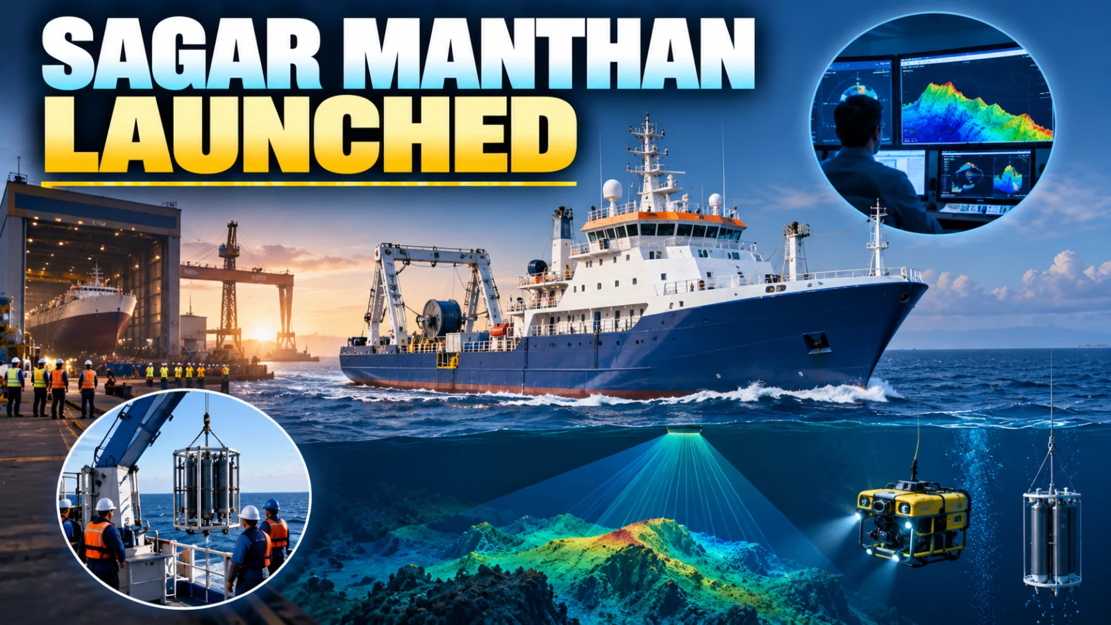 Editorial illustration of ORV Sagar Manthan ocean research vessel before operational commissioning