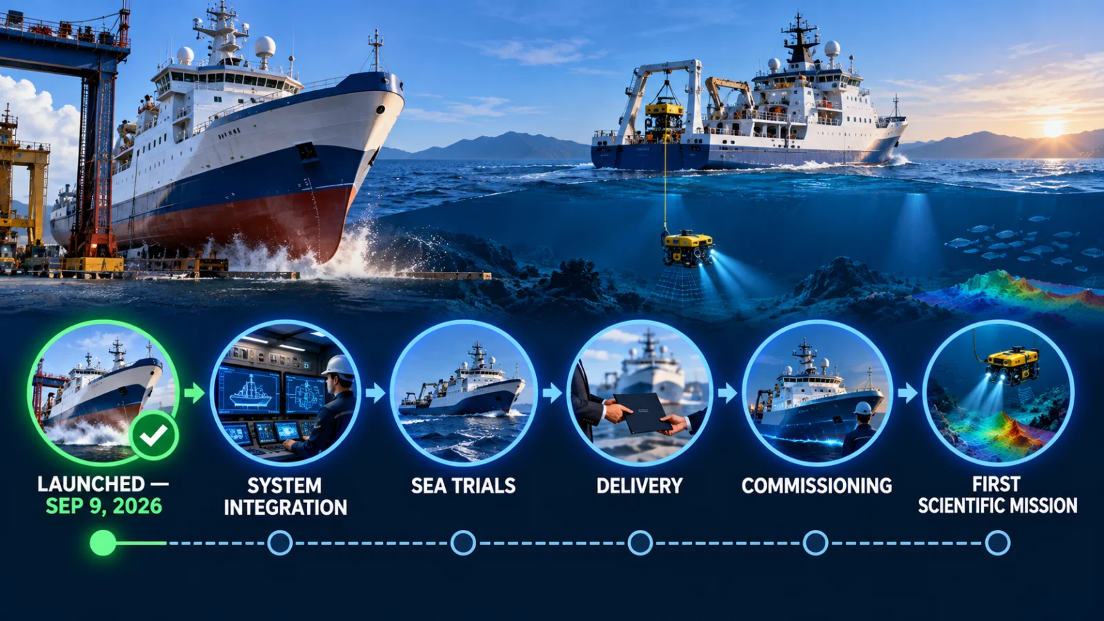 Lifecycle diagram from ORV Sagar Manthan launch through sea trials, delivery, commissioning and first mission