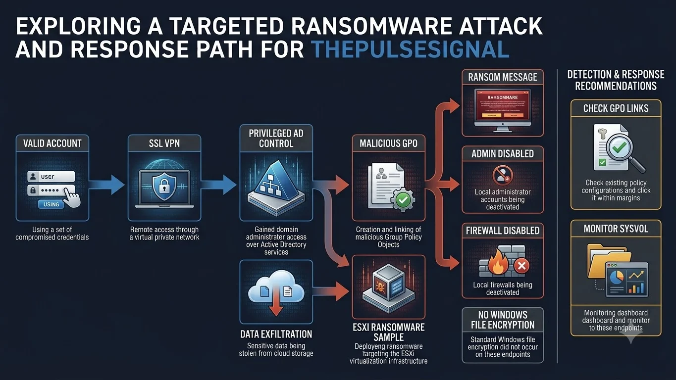 Infographic showing the PAYLOAD ransomware Active Directory attack chain from compromised account to malicious GPO propagation and data extortion