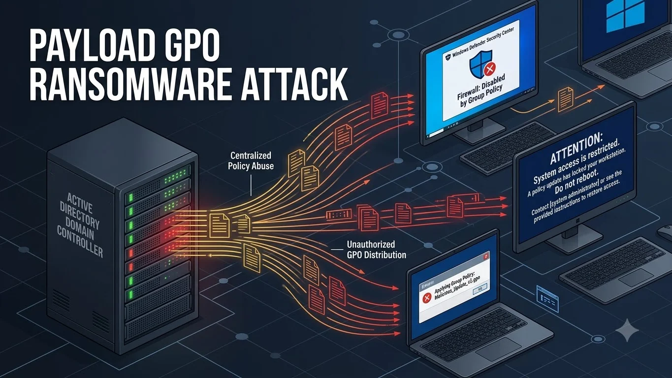 Editorial cybersecurity illustration of malicious Active Directory Group Policy controlling Windows endpoints
