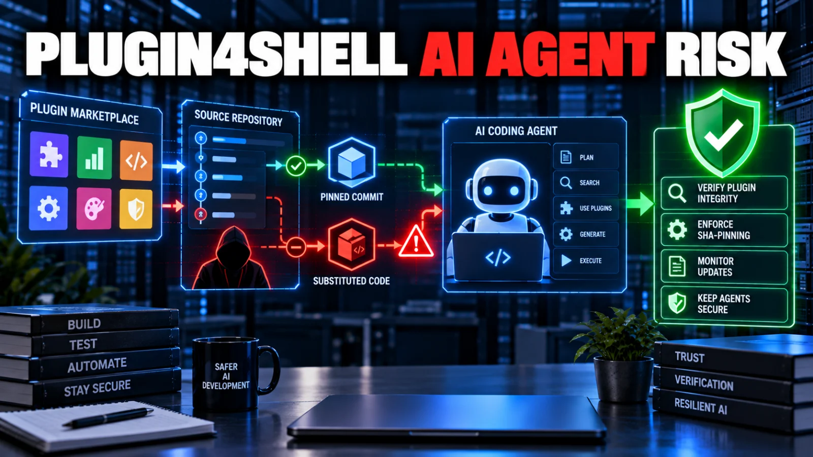 Plugin4Shell coding-agent plugin integrity illustration with Git commit pin and verification bypass