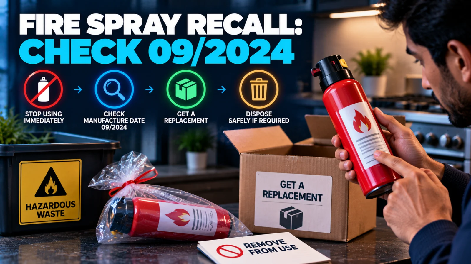 Generic recalled fire spray canister with stop-use and replacement cues