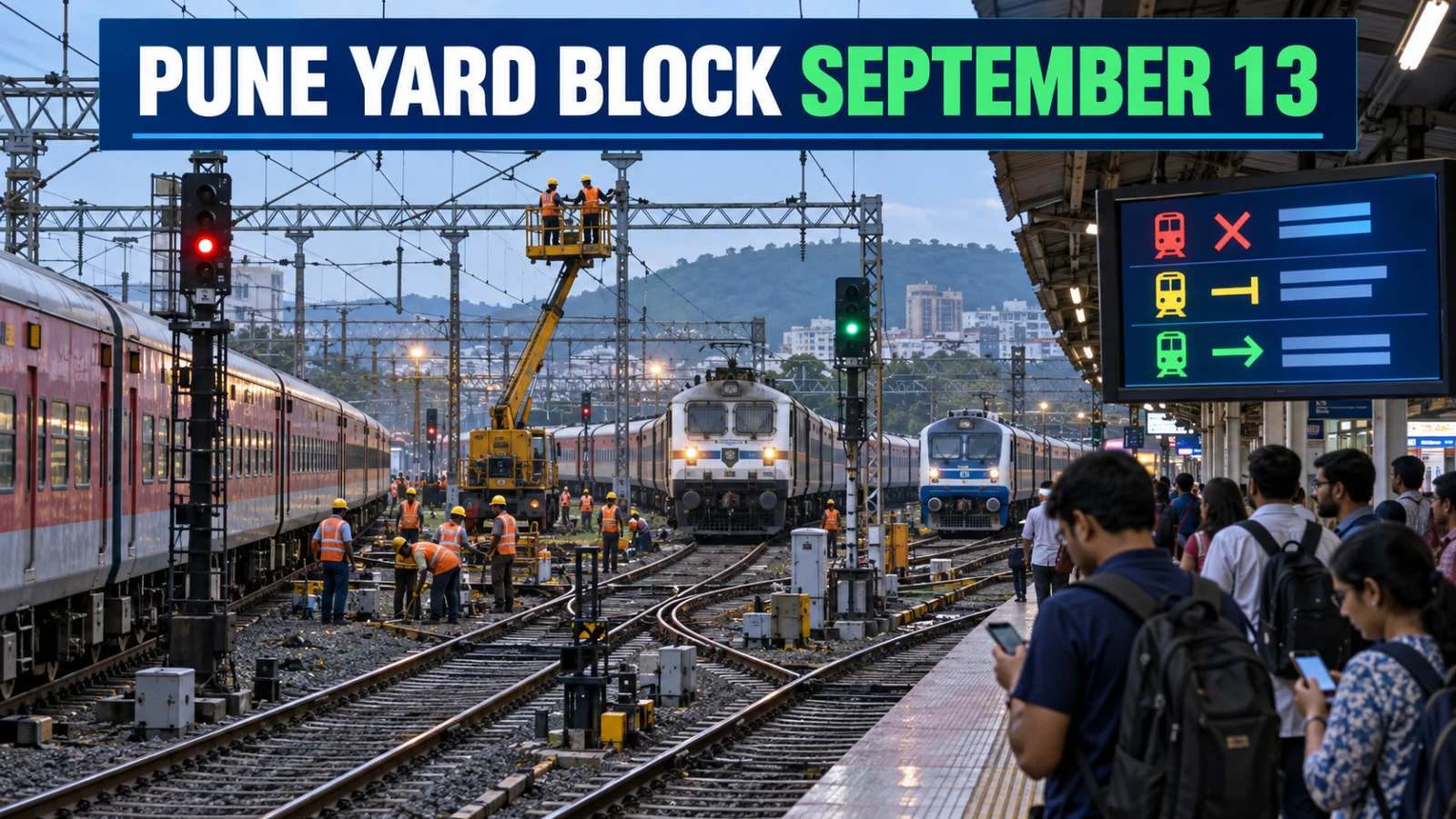 Pune railway yard block with affected trains and passengers checking changed stations