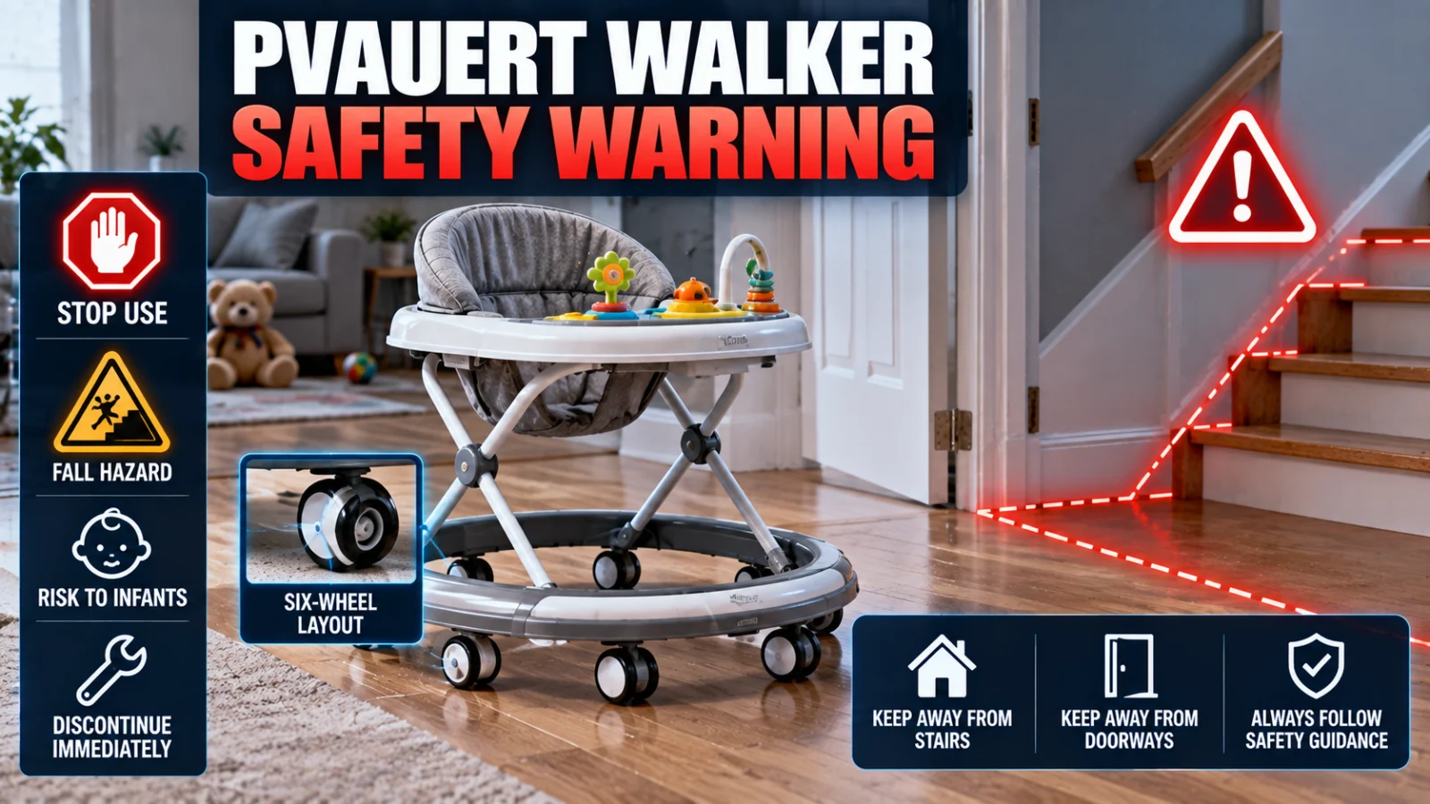 Editorial infant walker safety illustration for the Pvauert CT02 CPSC warning